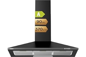 CIARRA CAB9201A Hotte Aspirante 90cm 370 m³/h - Classe A - Evacuation et Recyclage - Filtre au Chabon NON INCLUS - 3 Vitesses - Eclairage LED - Hotte Murale - Noir