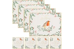 WOW HOMESTORE Christmas Place mats Robin Cork Placemat & Coaster Set 8pc Xmas Tableware Decoration