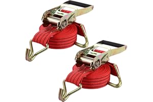 AHAQU 2PCS Heavy Duty Ratchet Straps, 50mm x 6m Ratchet Tie Down Straps, 4400lb Break Strength, Adjustable Lashing Strap with Handle and Metal J Hook for Motorcycle, Cars, Trucks- Red