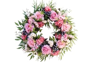 DAGLLGEW Rose Wreath 22 Inch Fade Resistant Spring Wreaths Realistic Flower Wreath for Front Door Peony Wreath for Farmhouse Door Wall Window Decor
