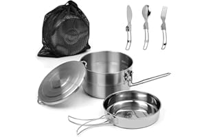 ZOOQUE Camping Pot 1.5L Cuisine de Camping en Acier Inoxydable avec Poignée Pliante Couverts Camping Vaisselle Pliable Pot pour Randonnée Pique Nique