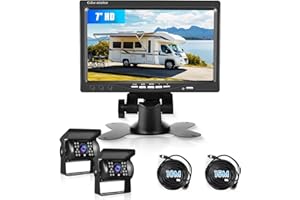 VECHTEL Telecamera Retromarcia 7 Pollici HD Monitor 2 Telecamere, IP69 Impermeabile IR Visione Notturna Telecamera di Retromarcia per Camion, Autobus, Furgoni, Camper, Pickup, 10M Cavo + 15M Cavo