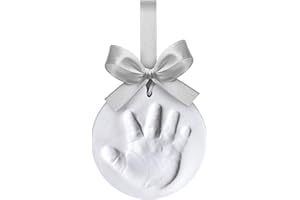 DOOKY Happy Hands Ornament Jeu d'empreintes pour une main ou une empreinte de bébé en guise de rappel (diamètre : 10,5 cm, manipulation facile, avec pâte à modeler et ruban adaptés à la peau), argent