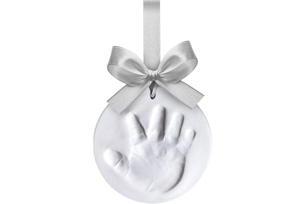 Happy Hands Ornament Jeu d'empreintes pour une main ou une empreinte de bébé en guise de rappel (diamètre : 10,5 cm, manipulation facile, avec pâte à modeler et ruban adaptés à la peau), argent