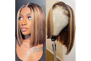 ‎FASHION IDOL FASHION IDOL Bob Lace Front Perücke Echthaar Vorgezupft 25CM Kurze Bob Perücke für Frauen Klebefrei T Teil HD Spitze Brasilianisches Jungfernhirn