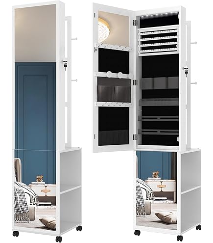 Armadio Gioielli Girevole 360&deg; Con Specchio Integrale E Luci LED - Organizer Con Serratura, Bianco