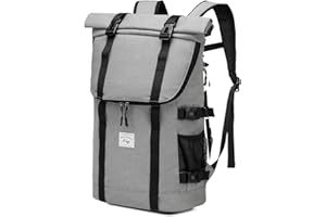 Kasgo Laptop Backpack for Men, Water Resistant 17 inch Vintage Rucksack Roll Top College School Backpack Casual Daypack for Women Teenagers Travel Work Hiking, Grey