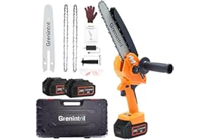 Grenintol Mini Kettensäge mit Akku, 8 Zoll Kettensäge Elektro mit Automatischer Öler, Akku Kettensäge, Mini Kettensäge für Gartenscheren Astschere Holzschneiden, LED Leistungsanzeige, 2 Akku 6000mAh