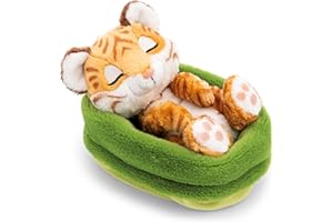 NICI przytulanka, śpiący tygrys w koszyczku, miękki pluszak, urocza pluszowa zabawka do przytulania i zabawy, dla dzieci i dorosłych, świetny pomysł na prezent, 12 cm, brązowy - 62872