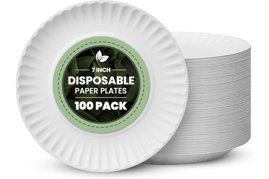 Vivo Technologies 100-Pack of 7-inch Disposable Paper Plates 18cm White 100% Compostable Biodegradable Party Paper Plate Perfect for Everyday use, Ideal for BBQ's, Parties and Events