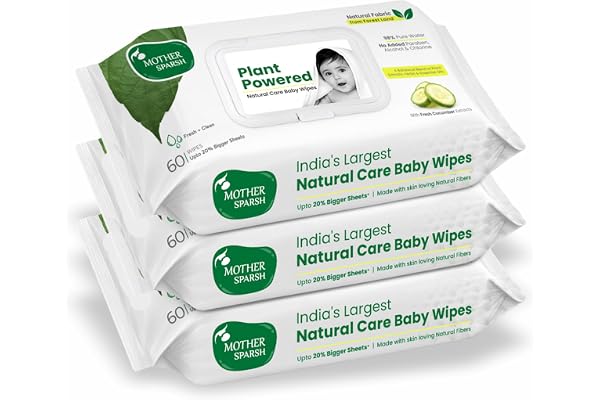 Mother Sparsh Natural Care Water Baby Wipes with Lid | 100% Plant Made Fabric From Forest Land | Fresh+Cleanse (with Cucumber