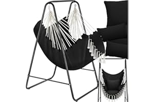 tectake® Hanging Chair in Boho Style with Tassels, Cosy Swing Chair with Thick Cushions, Large Side Pocket, Breathable Fabric & Durable Steel Frame, Hammock Chair for Indoor & Outdoor Use - Black