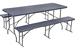 Hortan Set Tavolo Rettangolare Completo Di 2 Panche Pieghevoli Con Piano In Resina E Struttura Richiudibile Salvaspazio In Acciaio, Per Arredo Esterno, Giardino, Terrazzo e Campeggio
