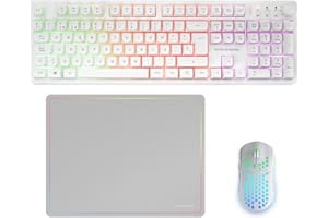 Mars Gaming MCPWX, Combo Gaming Inalámbrico, Tecnología DualPro Link 2.4GPRO, Teclado Completo FRGB con Control Multimedia + Ratón RGB 3200DPI + Alfombrilla Antideslizante 360x260mm, Blanco, Italiano