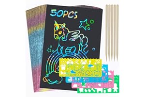 REAEONAT Scratch Paper, 50Pcs Rainbow Magic Black Crafts Arts Set with Wooden Stylus and Drawing Rulers Art Supplies, DIY Sketch Gift (32K)