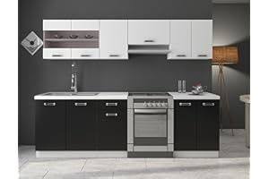 ‎KUECHEN-PREISBOMBE Kuechen-preisbombe Küche Omega 240 cm Küchenzeile Küchenblock variabel stellbar in Schwarz Weiss