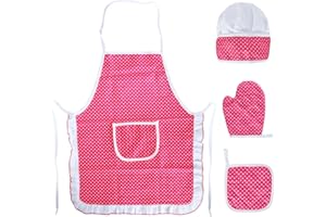 NAAPESI Tabliers pour Enfants 100% Coton,Tablier de Cuisine pour Enfants avec Poches,Set de Tablier et Chapeau de Chef,Inclut Gants de Cuisine,pour Cuisiner,Pâtisserie,Peinture,Activités Créatives,3-8 Ans