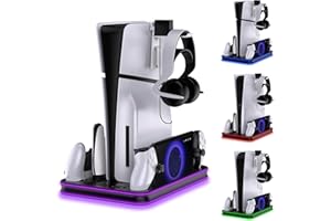 DOBEWINGDELOU Stand and Cooling Station for PS5/PS5 Slim, Charging Dock Station Compatible with Playstation Portal, Controller Charging Station for P5 Console 3 Level Cooling Fan RGB Light 1 USB Hub Headset Holder