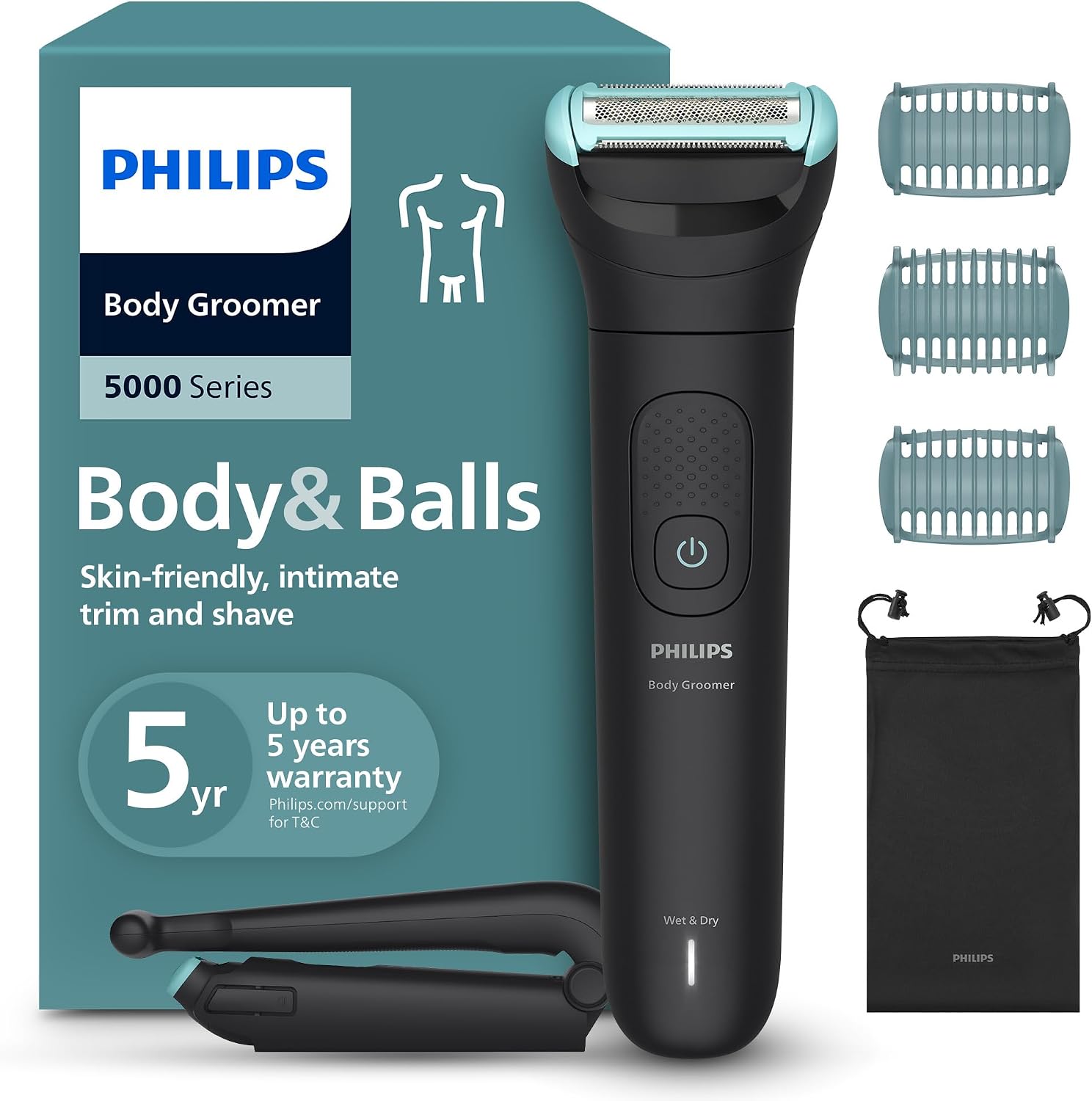 Philips Body Groomer 5000 Series - Trimmer for Men with Triple Protect Shave System, Intimate Trim & Shave, Foldable Back Attachment, 100% Showerproof, 100 Min. Runtime, Model BG5480/15