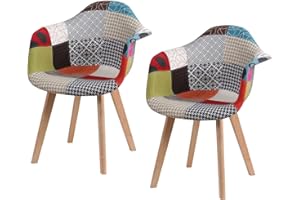 GrandCA HOME Lot de 2 Ffauteuils Patchwork Scandinaves avec Pieds en Bois de Hêtre Massif et Assise en Polyester Rembourré Multicolore, Rouge