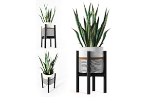 LA CASITA DE AMARA - Conjunto Macetero Textil + Soporte Plantas Bambú para Plantas Artificiales Decorativas o Plantas Naturales Interior. Macetero con Pie para Decoracion Hogar en color Negro