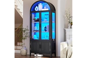 BROTTAR Arched Kitchen Pantry Cupboard with Glass Doors, 71" Tall Kitchen Storage Cabinet with 3 Color Lights & Human Body Sensor, Glass Display Cabintes for Dining Room, Living Room Office, Black