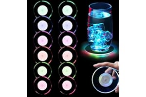 VEGENA Lot de 12 dessous de verre LED multicolores - 3 modes d'éclairage - En acrylique - Ronds - Imperméables - Pour verres, bouteilles, fêtes