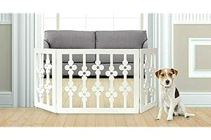 FRISKY FRIENDS Freestanding Pet Gate for Dogs - Wooden Folding Decorative Fence for Doorways, Halls, Stairs Barrier- Step Over Divider (White Floral)
