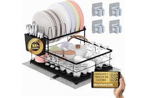 ALEHC® Escurreplatos sobre Fregadero 2 en 1 de Alta Capacidad, Doble Altura y Drenaje Telescópico 360º + Alfombrilla Antideslizante y 4 Colgadores Autoadhesivos | Pack 6 Piezas + Ebook Exclusivo |