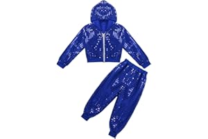 inlzdz Unisex Kinder Pailletten Tanzkleidung Set Langarm Glitzer Jacke mit Hip Hop Hose Glänzend Jazz Hip Hop Dancewear Performance Tanzkostüm