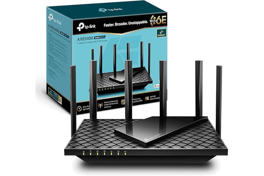 TP-Link Archer AXE75 AXE5400Mbps WiFi 6E Router Tri-Band, Gigabit Ethernet Ports, USB 3.0, WiFi Booster, 512MB RAM, OneMesh, WPA3, Ideal for Gaming, HomeShield, Compatible with Alexa
