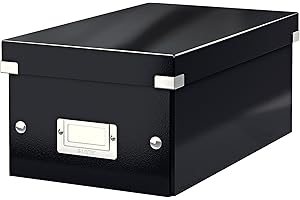 Leitz, Boîte de rangement Click & Store, Format DVD (20,6 x 14,7 x 35,2 cm), adapté aux DVD et autres objets, Pour le bureau, la maison, Montage bouton pression, Carton recyclé à 84%, Noir, 60420095