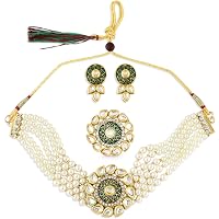Zaveri Pearls Green Enamel Multistrand Kundan Choker Necklace Earring & Ring Set For Women-ZPFK10785