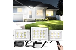 Viugreum Faretto LED da 100W con sensore di movimento esterno, 10000 lm, 6500 K faretto da esterno con telecomando, 3 teste esterne, IP66 impermeabile faro led per garage, Cortile, Giardino