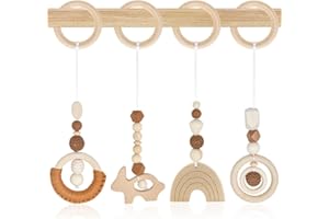 Granvoo Arche de Jeux Bébé en Bois, 4 Pièces Jouets Eveil pour Poussettes, Arche Portique Eveil Bebe, Jouet Naissance Cadeaux 3 6 12 Mois pour Siège de Bébé Landau, Marron