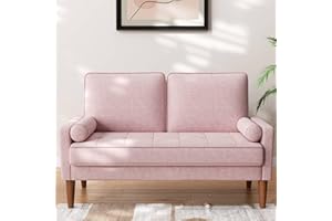 MESKANU Sofa 2 Sitzer, Modernes 2er Sofa mit 2 Wurfkissen, Kleine Stoffcouch mit Armlehne, Mini Sofa für Wohnzimmer/Wohnung/Büro, Einfache Montage, Rosa, 121 x 77 x 87CM