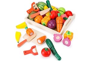KidMigo Kinderküche Zubehör, Kinderküche Holz, 19 Artikel, 35 Stück Schneidespielzeug mit Serviertablett, Küchenspielzeug mit Leinwand-Aufbewahrungstasche, Holzspielzeug 2 Jahre