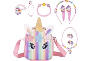 DMOPRDNB Einhorn Handtasche Geschenk, Einhorn Handtasche Schmuckset für Mädchen 3 4 5 6 7 Jahre für Rollenspiel Geburtstagsgeschenk