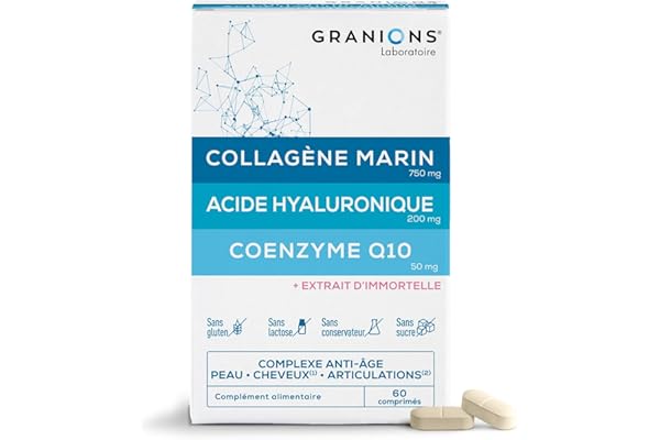 COLLAGENE MARIN-ACIDE HYALURONIQUE-COENZYME Q10- GRANIONS Collagène N°1 en Pharmacies - Collagene et Acide Hyaluronique- Collagene Cheveux, Peau, Articulation, Ongles -60 Comprimés