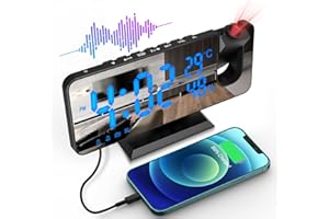 ShinePick Budzik projekcyjny, cyfrowy budzik z projekcją, budzik radiowy ze złączem USB, podwójny alarm 7", wyświetlacz LED, projektor 180°, temperatura 12/24h, wilgotność powietrza, 4 poziomy