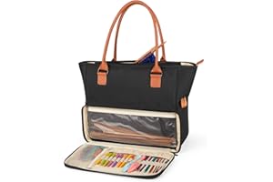 Yarwo Stricktasche mit Griff aus PU-Leder und Taschen für WIP, Stricktasche, Aufbewahrung für Wollknäuel, Stricknadeln, Häkelnadeln und anderes Zubehör für Stricken und Häkeln, Schwarz