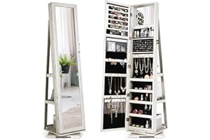 COSTWAY Szafka na biżuterię, szafka z pełnowymiarowym lustrem i wbudowanym lusterkiem do makijażu, zamykana, stojąca, do przechowywania biżuterii, organizer na biżuterię (białe drewno)