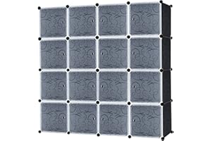 YUENFONG Organizer na ubrania, garderoba, "zrób to sam", system regałów wtykowych z tworzywa sztucznego, na ubrania, buty, zabawki i książki, czarny (16 pudełek z drzwiami)