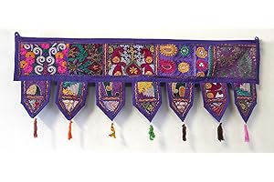 INDIAN CRAFT CASTLE Indian Handmade Traditional Embroidered Toran Cotton Thoranam Door Living Room Decor Bandanwar Home Valance Decorations Window Hanging Bohemian Wall Ethnic Decorative Vintage (Purple 1 Meter)