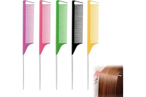 QUALDESN 5 PCS Tail Comb, Anti-Static Hair Comb, Carbon Fibre Styling, Heat Resistant and Salon Rattail Parting, Steel Pintail Cutting, Teasing Hair Comb for Women and Men, 5 Colors