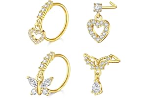 Mayhoop Piercing Nez Acier Chirurgical 20G Piercing Nez en Forme de L avec Coeur Fleur Papillon Ramure CZ Piercing de Nez pour Femme Homme Argent Or Rose