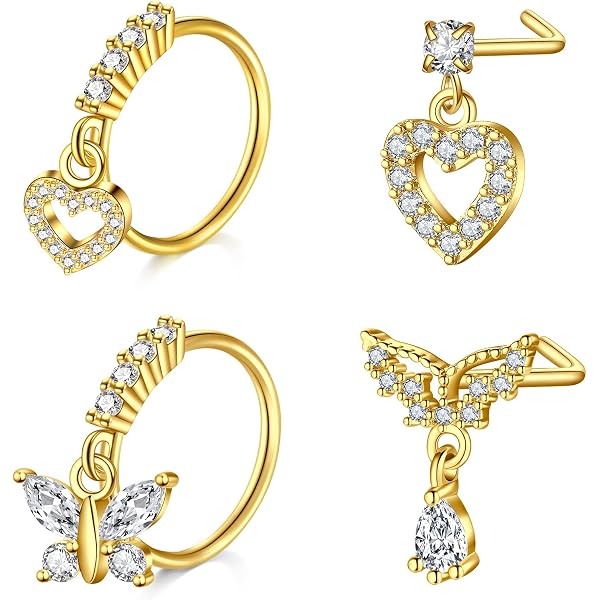 5 Piercings De Nez En Acier Inoxydable 20G (0,8 Mm) - Styles L, Crochet Et Anneau Avec Zircone - Sans Nickel