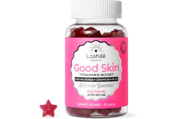 Lashilé Beauty - Complément Alimentaire Anti-Âge + Anti-Rides - Fermeté & Éclat de la peau - Good Skin Vitamines - Acide Hyaluronique Q10 Vitamines C & E - Made in France - Cure 1 Mois 60 Gummies