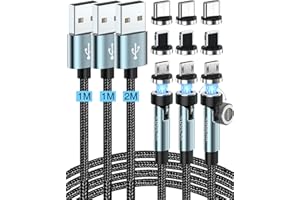 Kuulaa Magnetyczny kabel ładujący 3 w 1, magnetyczny kabel USB [1M+1M+2M], obrotowy kabel magnetyczny o 360° i 180°, szybkie ładowanie 3A i transfer danych dla Micro USB/typu C/iProducts