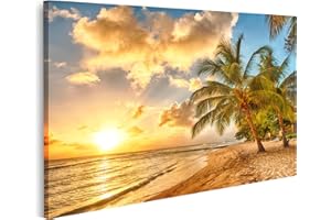 islandburner Picture on Canvas Beautiful Sunset Sea Palm Trees on White Beach Barbados Island Wall Picture Poster Pictures 100 x 57 cm